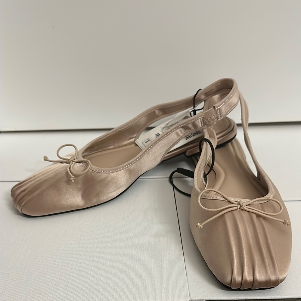 Zara Nude Ballet Flats with Bow Detail and Square Toe
